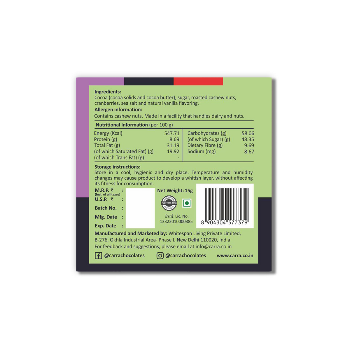Cashews & Cranberries 15g Bar 55% Dark Chocolate image 2