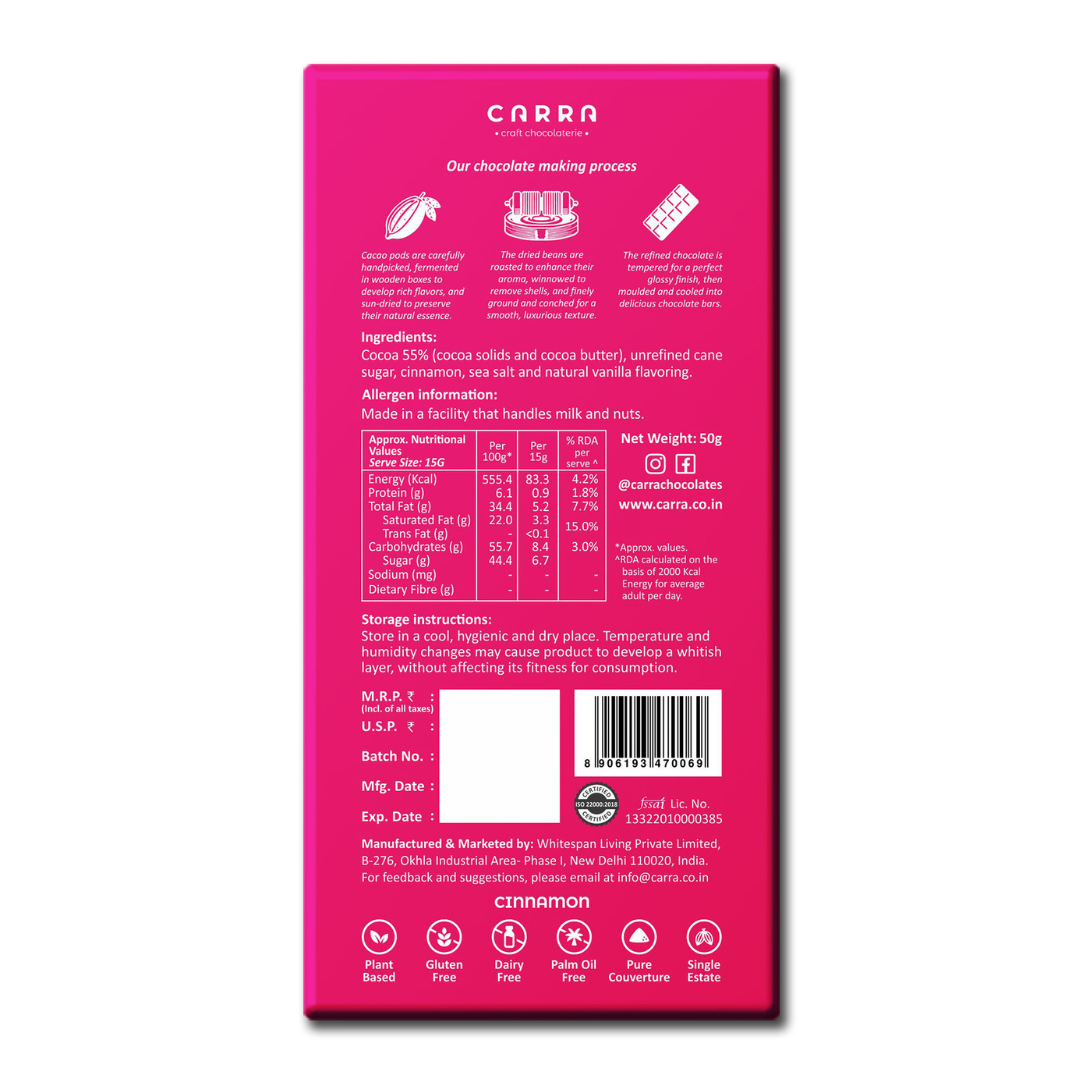 Cinnamon 50g Bar 55% Dark Chocolate image 2