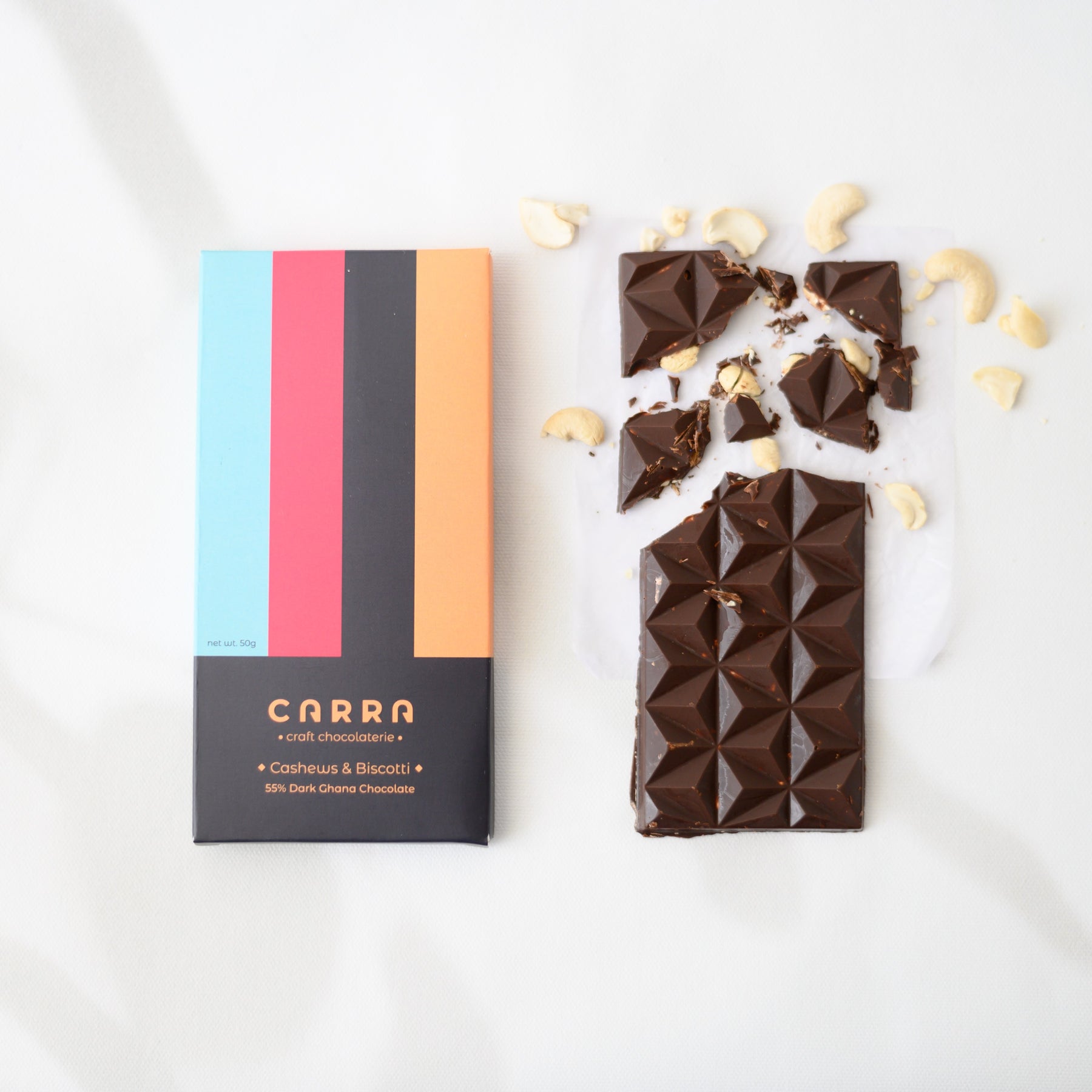 Cashews & Biscotti 50g Bar 55% Dark Chocolate